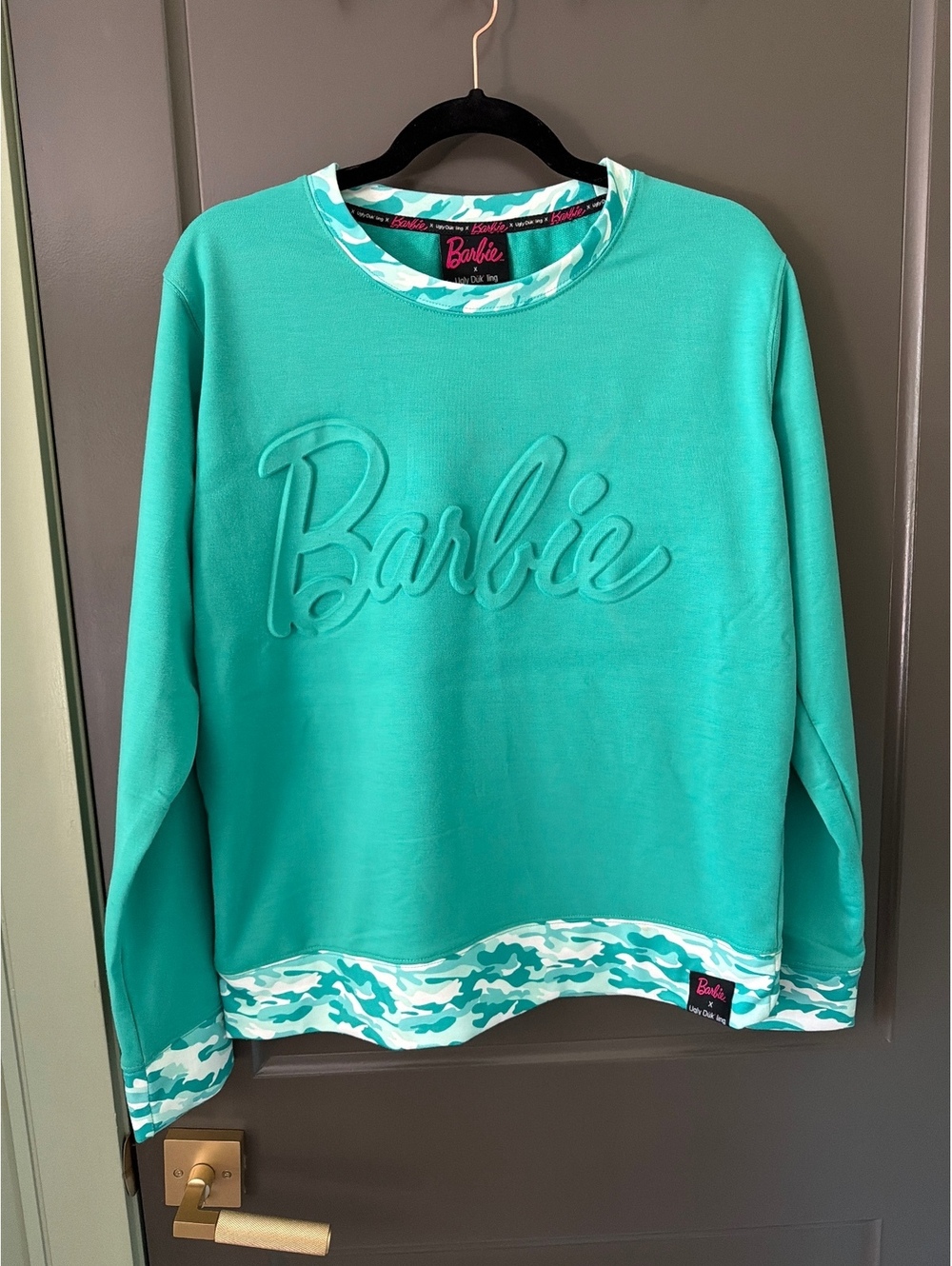 Barbie X Ugly Dukling Turquoise Sweatshirt, like new, size Large, Camo Accents
